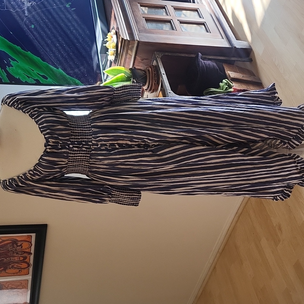 Anthropologie Blue & White Stripped Maxi Dress Scoop Neck 3/4 Sleeves Pirate Ins